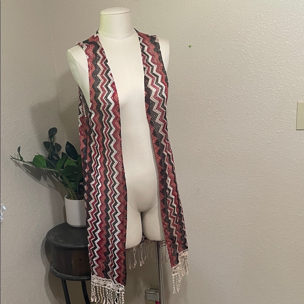 No Boundaries Zigzag Crochet Vest in Red, Black & Cream